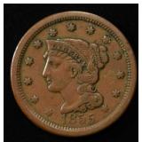 1855 BRAIDED HAIR LARGE CENT XF