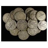 (20) 90% SILVER WALKING LIBERTY HALF DOLLARS