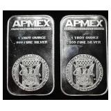 (2) 1 OZ .999 SILVER APMEX BARS