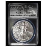 2018 AMERICAN SILVER EAGLE ANACS MS70