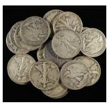 (20) 90% SILVER WALKING LIBERTY HALF DOLLARS