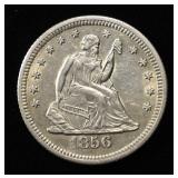 1856-O SEATED LIBERTY QUARTER CH AU