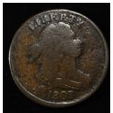 1808/7 DRAPED BUST HALF CENT FINE