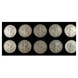 (10) 90% SILVER WALKING LIBERTY HALF DOLLARS