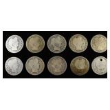 (10) 90% SILVER BARBER HALF DOLLARS