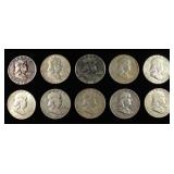 (10) 90% SILVER FRANKLIN HALF DOLLARS