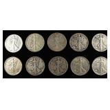 (10) 90% SILVER WALKING LIBERTY HALF DOLLARS