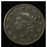 1828 CORONET HEAD LARGE CENT SMALL DATE XF