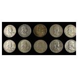 (10) 90% SILVER FRANKLIN HALF DOLLARS