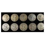 (10) 90% SILVER WALKING LIBERTY HALF DOLLARS