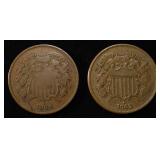 1864 VF CUD & 1865 XF TWO CENT PIECES