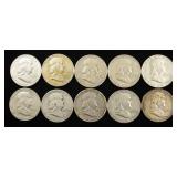 (10) 90% SILVER FRANKLIN HALF DOLLARS