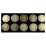(10) 90% SILVER BARBER HALF DOLLARS
