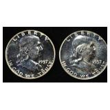 (2) 90% SILVER 1957 FRANKLIN HALF DOLLARS PROOF BU
