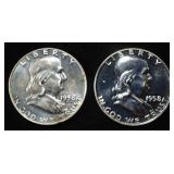 (2) 90% SILVER 1958 FRANKLIN HALF DOLLARS PROOF BU