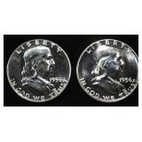 (2) 90% SILVER 1956 FRANKLIN HALF DOLLARS PROOF BU