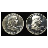 (2) 90% SILVER 1955 FRANKLIN HALF DOLLARS PROOF BU