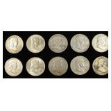 (10) 90% SILVER FRANKLIN HALF DOLLARS