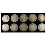 (10) 90% SILVER BARBER HALF DOLLARS