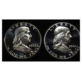 (2) 90% SILVER 1962 FRANKLIN HALF DOLLARS PROOF BU