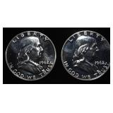 (2) 90% SILVER 1962 FRANKLIN HALF DOLLARS PROOF BU