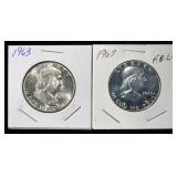 (2) 1963 FRANKLIN HALF DOLLARS BU PF