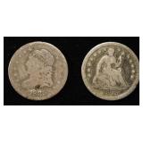1835 BUST G-DAMAGED, 1843 SEATED G HALF DIMES