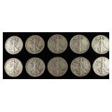 (10) 90% SILVER WALKING LIBERTY HALF DOLLARS