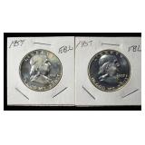 (2) 1957 FRANKLIN HALF DOLLARS BU PF