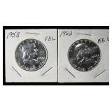 1958 & 1962 FRANKLIN HALF DOLLARS FBL BU PF