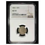 1865 3-CENT NICKEL NGC AU55