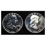 (2) 90% SILVER 1958 FRANKLIN HALF DOLLARS PROOF BU