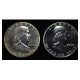 (2) 90% SILVER 1960 FRANKLIN HALF DOLLARS PROOF BU