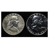 (2) 90% SILVER 1959 FRANKLIN HALF DOLLARS PROOF BU