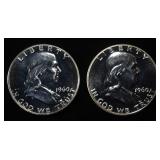 (2) 90% SILVER 1960 FRANKLIN HALF DOLLARS PROOF BU