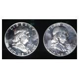(2) 90% SILVER 1963 FRANKLIN HALF DOLLARS PROOF BU