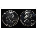 (2) 90% SILVER 1962 FRANKLIN HALF DOLLARS PROOF BU