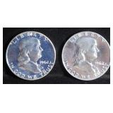 (2) 90% SILVER 1962 FRANKLIN HALF DOLLARS PROOF BU