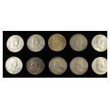 (10) 90% SILVER FRANKLIN HALF DOLLARS