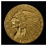 1908 $2.5 GOLD INDIAN AU/BU