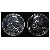 (2) 90% SILVER 1962 FRANKLIN HALF DOLLARS PROOF BU