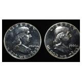 (2) 90% SILVER 1960 FRANKLIN HALF DOLLARS PROOF BU