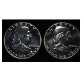 (2) 90% SILVER 1962 FRANKLIN HALF DOLLARS PROOF BU