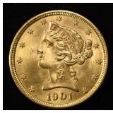 1901 $5 GOLD LIBERTY CH BU