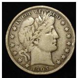 1905 BARBER HALF DOLLAR VF RIM BUMPS