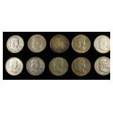 (10) 90% SILVER FRANKLIN HALF DOLLARS