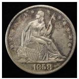 1858-O SEATED LIBERTY HALF DOLLAR CH AU