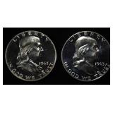 (2) 90% SILVER 1963 FRANKLIN HALF DOLLARS PROOF BU