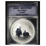 2011-P RABBIT ANACS MS70DCAM 1 OZ 0.999 SILVER
