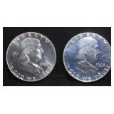 (2) 90% SILVER 1963 FRANKLIN HALF DOLLARS PROOF BU